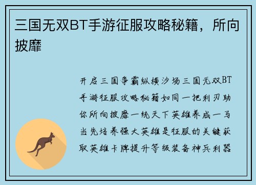 三国无双BT手游征服攻略秘籍，所向披靡